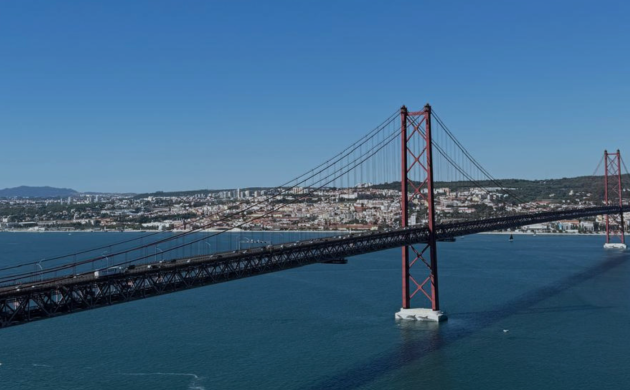 View of the Ponte 25 de Abril over the Tagus River in Lisbon.